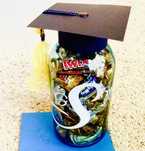 1920's Blue Mason Jar with original zinc lid filled with goodies for graduation.